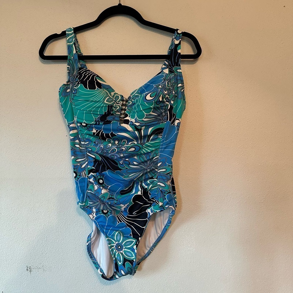 Upstream  Blue and Teal Beaded  Tummy Control One Piece Swim